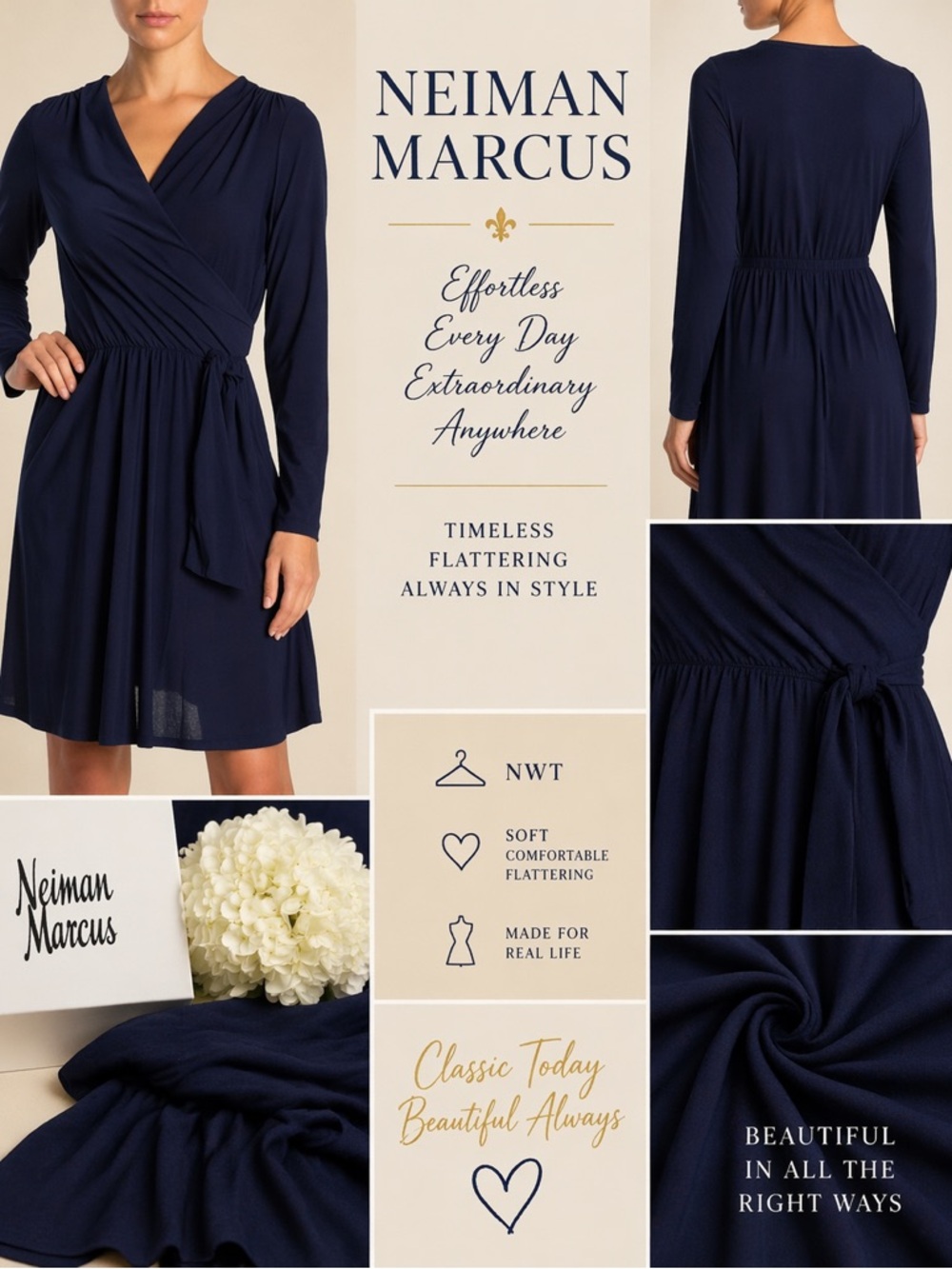 Neiman Marcus Navy Faux Wrap Jersey Dress Long Sleeve Side Tie NWT L